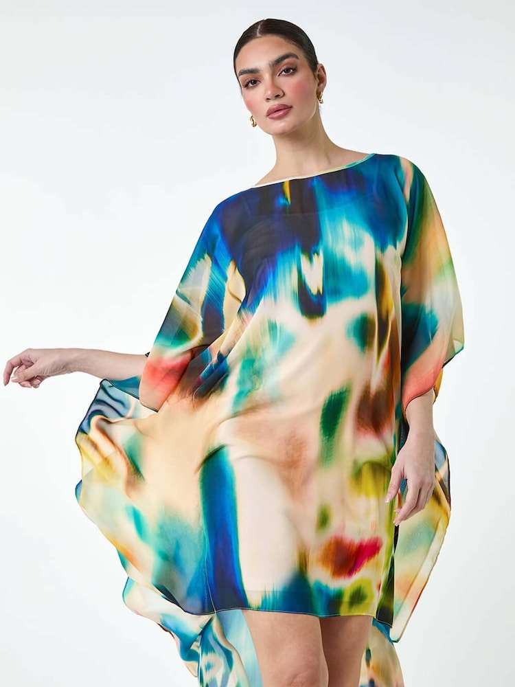 Roman Natural Abstract Print Chiffon Draped Tunic Dress - Image 1 of 5