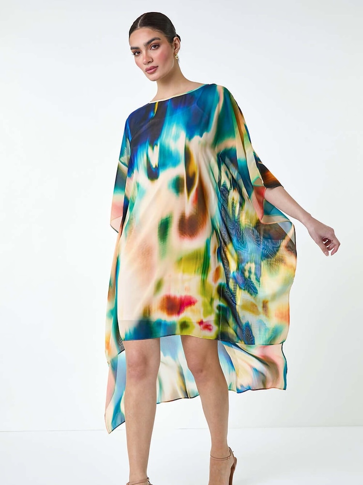Roman Natural Abstract Print Chiffon Draped Tunic Dress - Image 2 of 5
