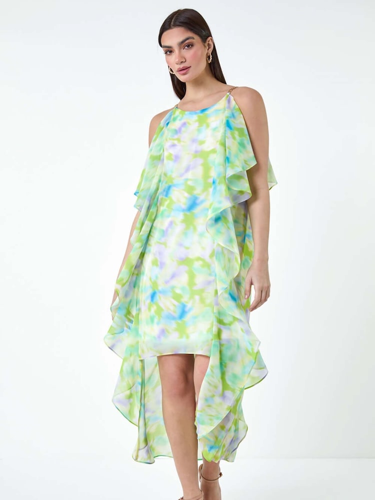 Roman Green Abstract Chiffon Ruffle Detail Midi Dress - Image 2 of 5