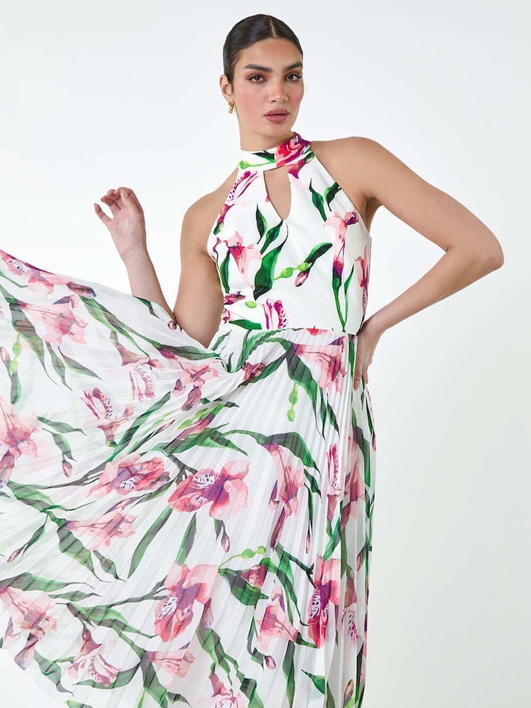 Roman Pink Floral Print Pleated Midi Dress - Image 1 of 5