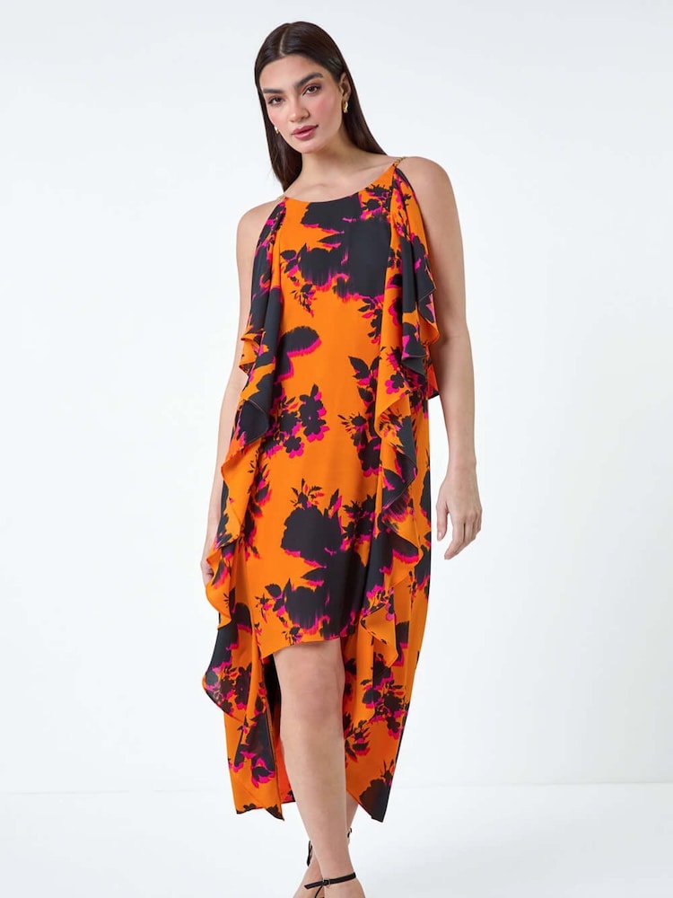 Roman Orange Floral Chiffon Ruffle Detail Midi Dress - Image 1 of 5