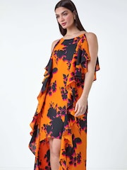 Roman Orange Floral Chiffon Ruffle Detail Midi Dress - Image 2 of 5