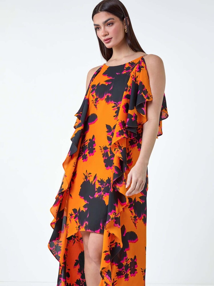 Roman Orange Floral Chiffon Ruffle Detail Midi Dress - Image 2 of 5