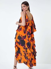 Roman Orange Floral Chiffon Ruffle Detail Midi Dress - Image 3 of 5