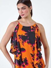 Roman Orange Floral Chiffon Ruffle Detail Midi Dress - Image 4 of 5