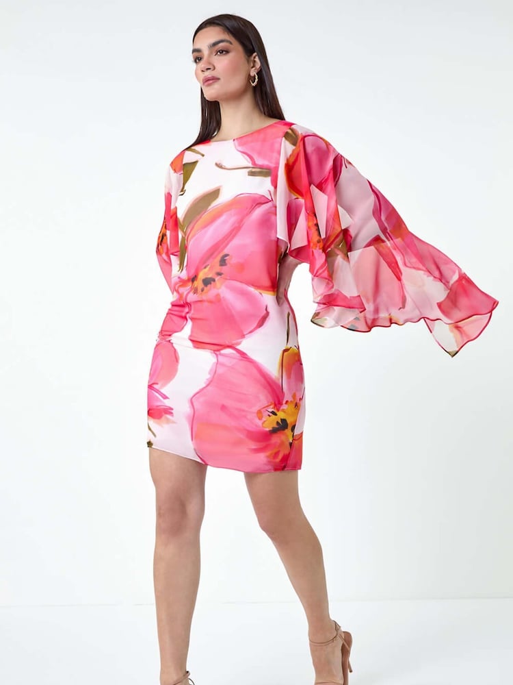 Roman Pink Floral Print Chiffon Cape Dress - Image 2 of 5