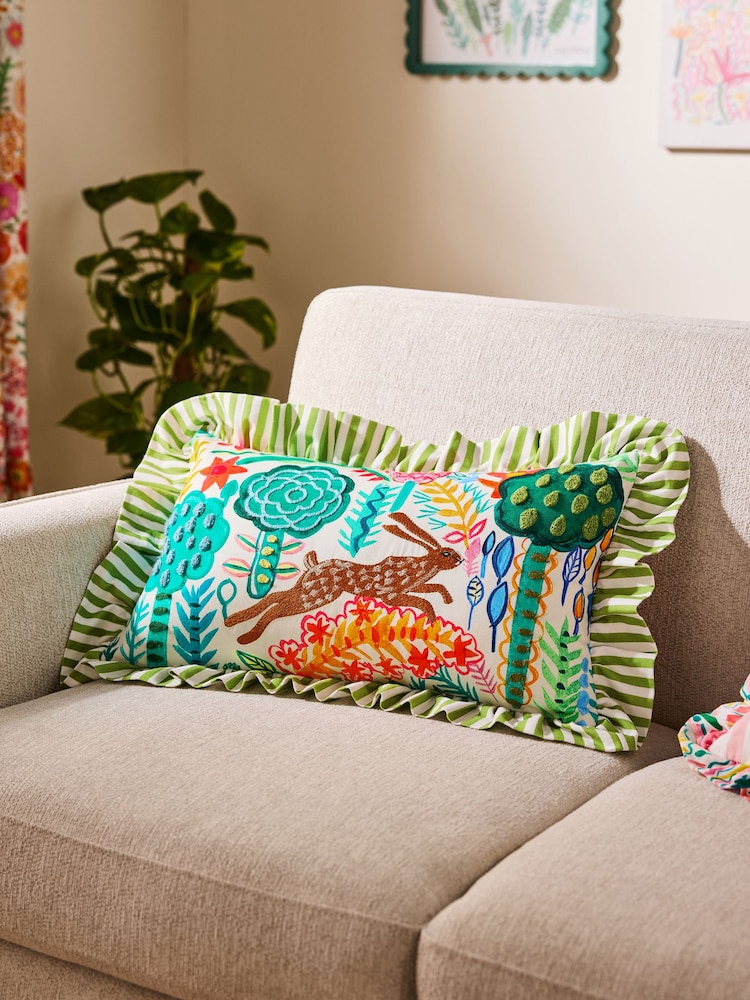 Lucy Tiffney Green Run Rabbit Embroidered Ruffle Cushion - Image 1 of 6