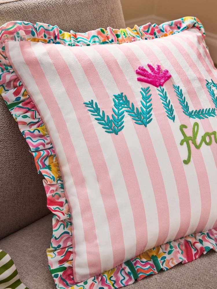 Lucy Tiffney Pink Wildflower Embroidered Cotton Cushion - Image 3 of 6