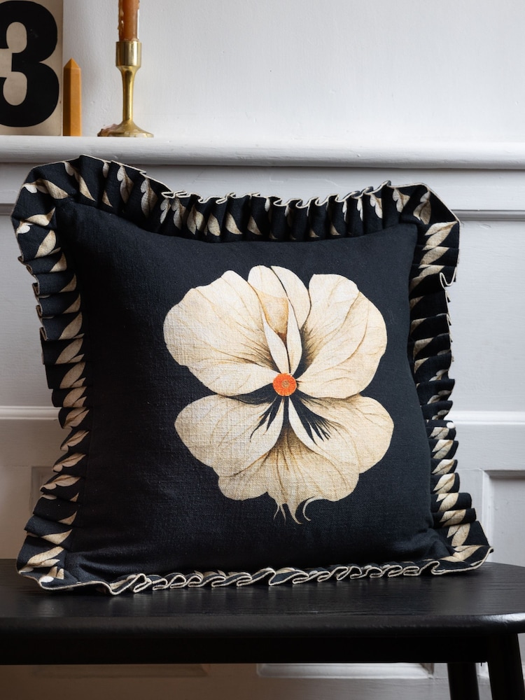 Rockett St George Black Floral Pleated Frill Cushion - Image 1 of 6