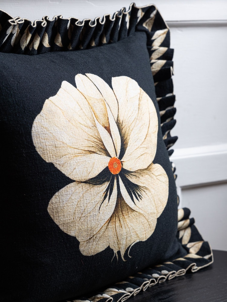 Rockett St George Black Floral Pleated Frill Cushion - Image 2 of 6