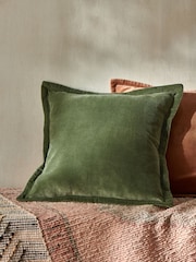 French Connection Olive Green 100% Cotton Washed Velvet Cushion - Image 1 of 5