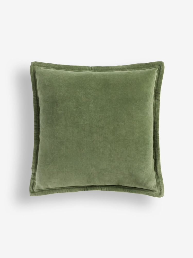 French Connection Olive Green 100% Cotton Washed Velvet Cushion - Image 2 of 5