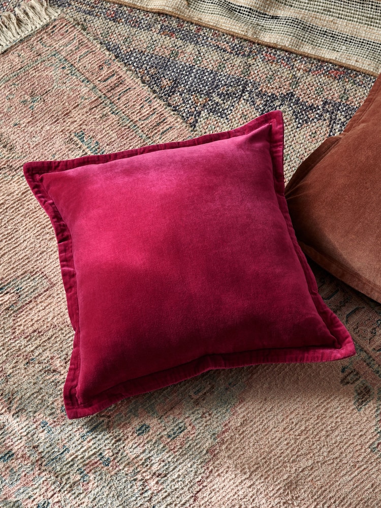 French Connection Raspberry Pink 100% Cotton Washed Velvet Cushion - Image 1 of 5
