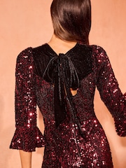 Love & Roses Red Sequin Flute Sleeve Midi Dress - Image 2 of 4