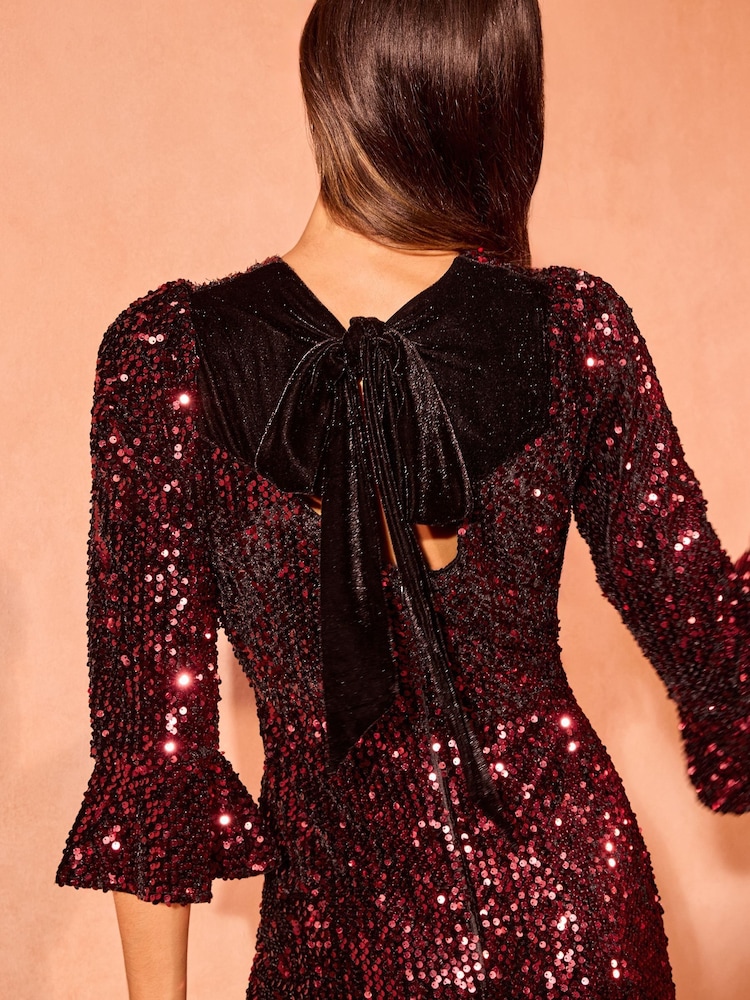 Love & Roses Red Sequin Flute Sleeve Midi Dress - Image 2 of 4