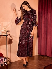 Love & Roses Red Sequin Flute Sleeve Midi Dress - Image 4 of 4