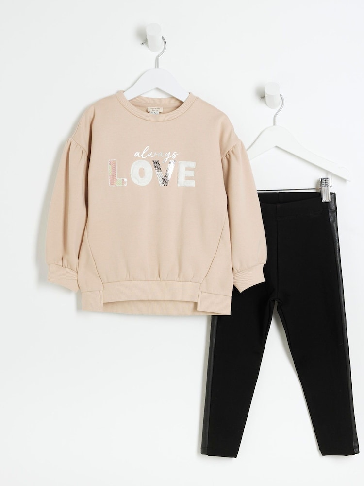 River Island Brown Girls Love Sweat Top and Leggings Set - Image 1 of 6