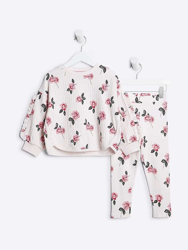 River Island Girls Waffle 100% Cotton Sweatshirt and Leggings Set - صورة 1 من 5 River Island Girls Waffle 100% Cotton Sweatshirt and Leggings Set - صورة 1 من 5