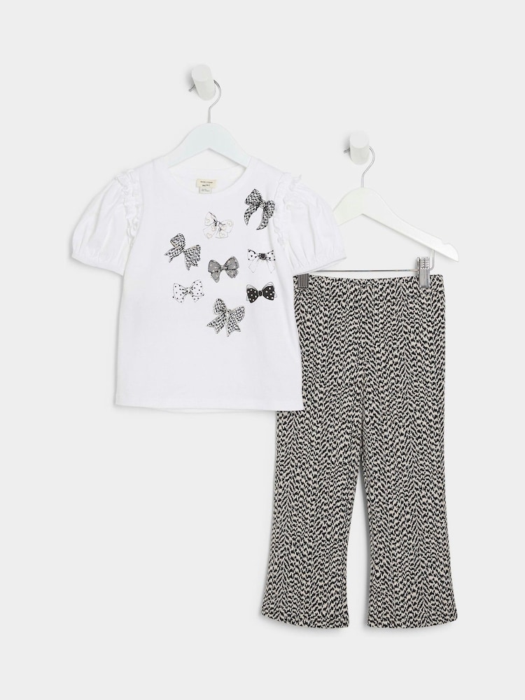 River Island White Girls Bow 100% Cotton T-Shirts and Kickflare Set - Image 1 of 5