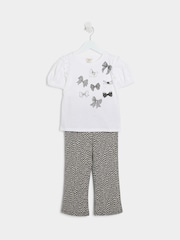 River Island White Girls Bow 100% Cotton T-Shirts and Kickflare Set - Image 5 of 5