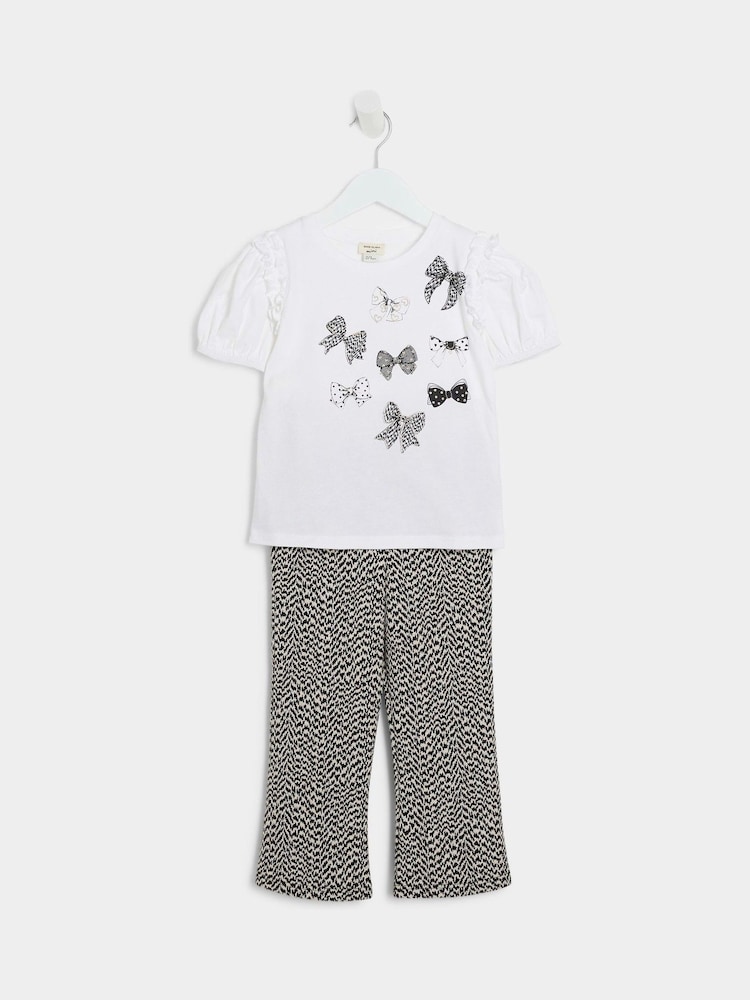 River Island White Girls Bow 100% Cotton T-Shirts and Kickflare Set - Image 5 of 5 River Island White Girls Bow 100% Cotton T-Shirts and Kickflare Set - Image 5 of 5