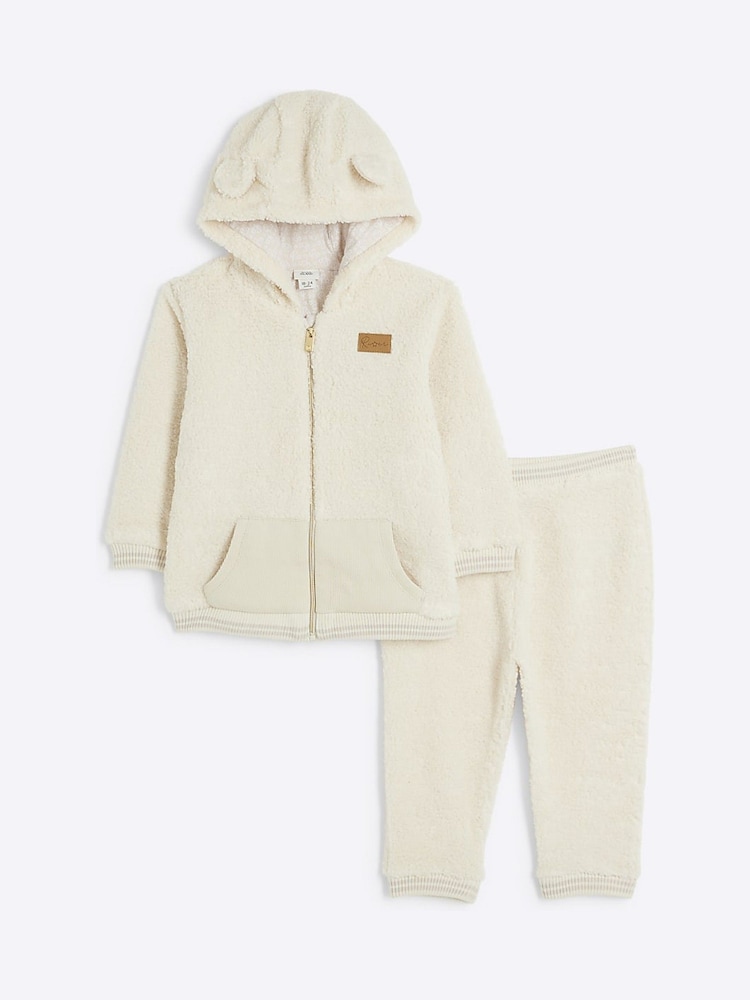 River Island Brown Borg Hooded Baby Boys 2 Piece Set - Image 1 of 5