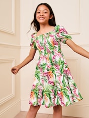 Lipsy White Palm Print Square Neck Jersey Crinkle Dress - Image 1 of 4