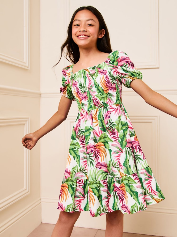 Lipsy White Palm Print Square Neck Jersey Crinkle Dress - Image 1 of 4