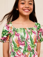 Lipsy White Palm Print Square Neck Jersey Crinkle Dress - Image 2 of 4