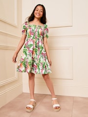 Lipsy White Palm Print Square Neck Jersey Crinkle Dress - Image 3 of 4