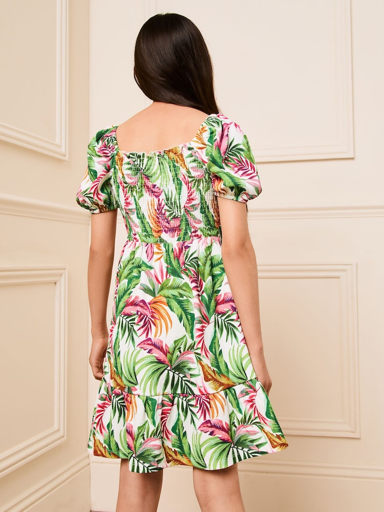 Lipsy White Palm Print Square Neck Jersey Crinkle Dress - Image 4 of 4