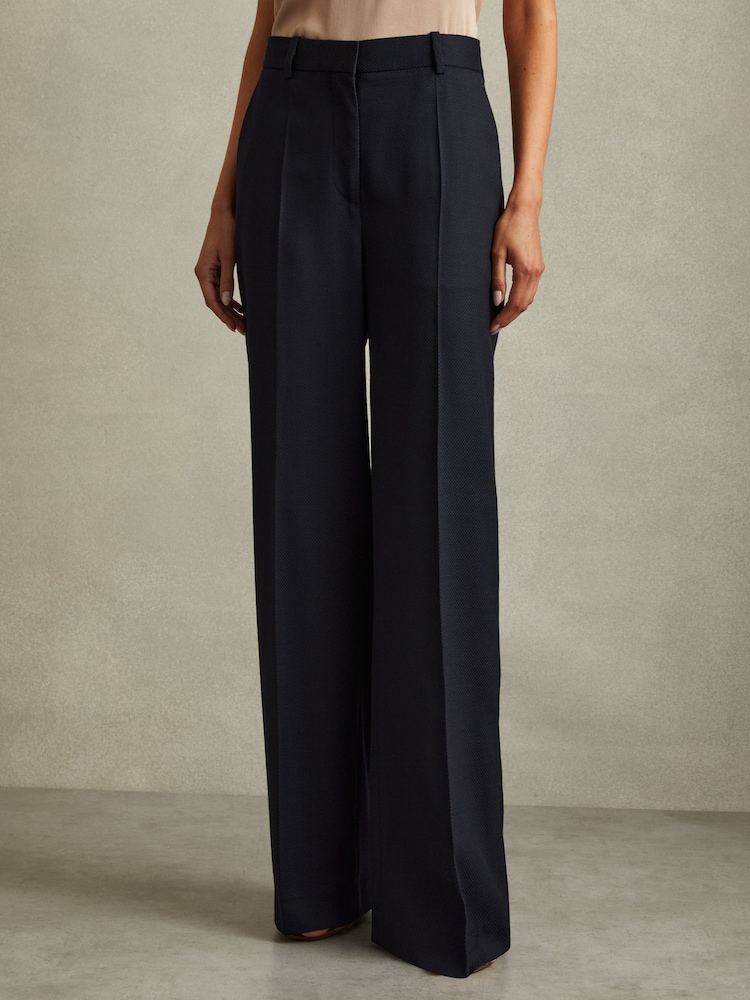 Reiss Navy Hallie Textured Wide Leg Suit Trousers - Image 1 of 7