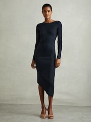 Reiss Teal Jem Knitted Colourblock Asymmetric Midi Dress - Image 1 of 5