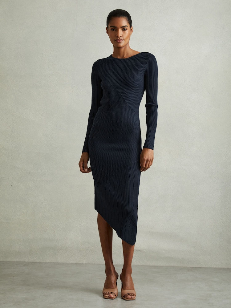 Reiss Teal Jem Knitted Colourblock Asymmetric Midi Dress - Image 1 of 5