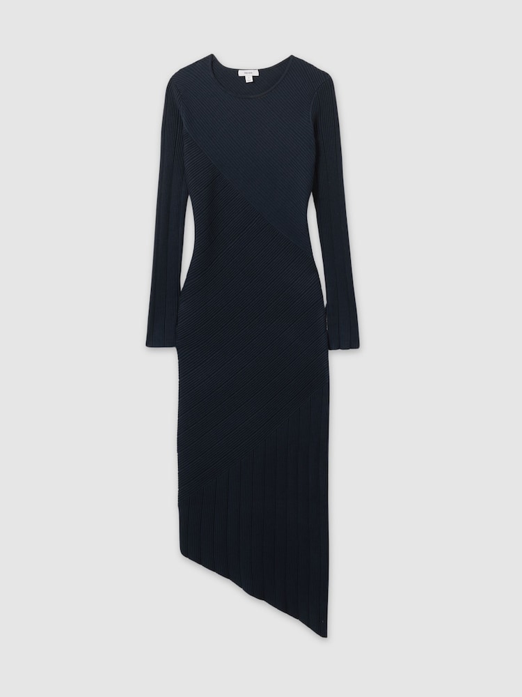 Reiss Teal Jem Knitted Colourblock Asymmetric Midi Dress - Image 2 of 5