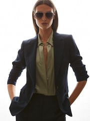Reiss Navy Hallie Textured Single Breasted Suit Blazer - Image 3 of 5