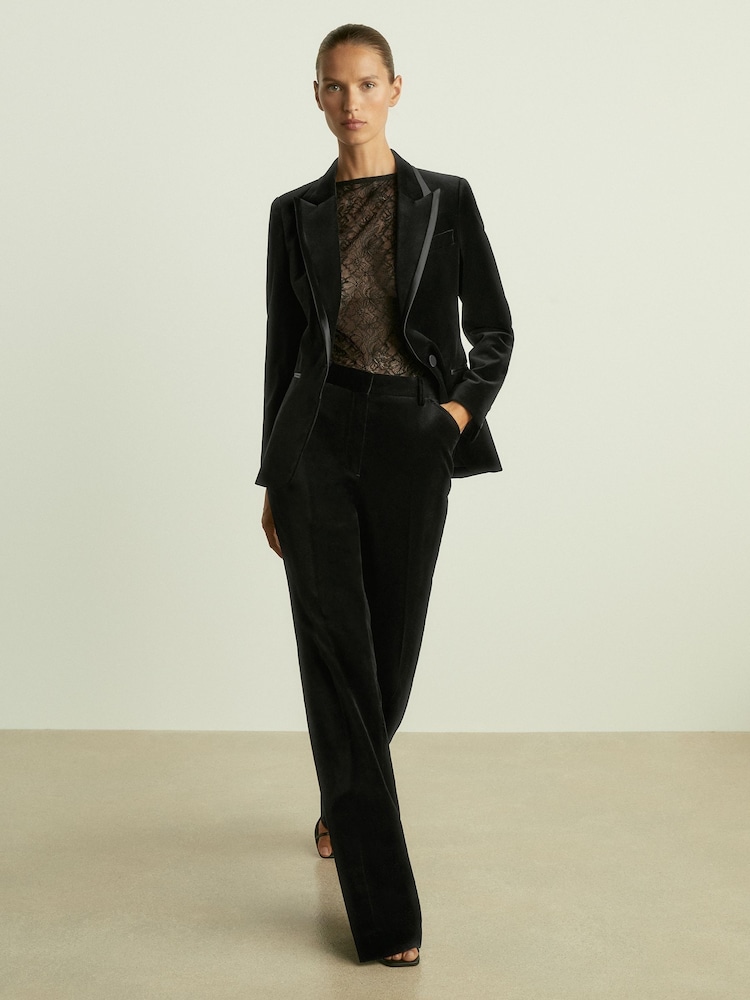 Reiss Black Parisa Velvet Flared Suit Trousers - Image 1 of 6