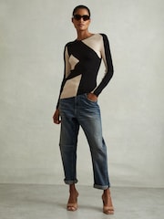 Reiss Black/Camel Judy Knitted Colourblock Asymmetric Top - Image 3 of 6