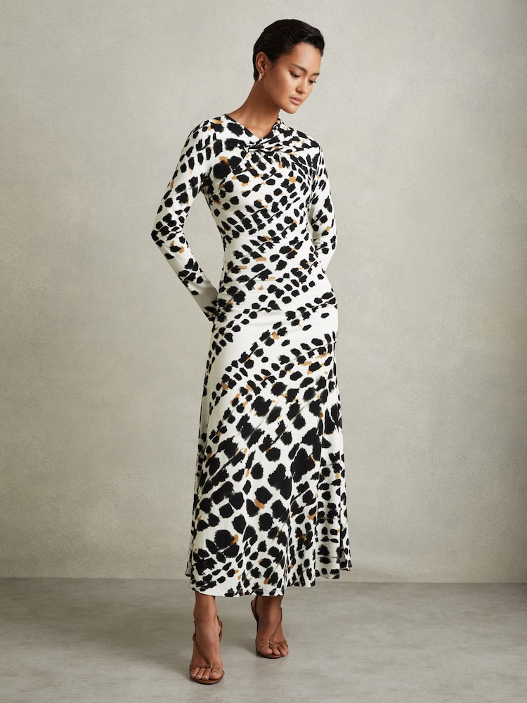 Reiss Black/White Vanita Printed Jersey Twist Detail Midi Dress - Image 1 of 5