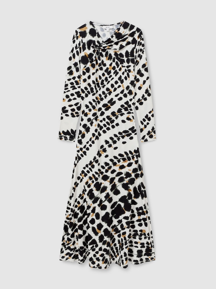 Reiss Black/White Vanita Printed Jersey Twist Detail Midi Dress - Image 2 of 5