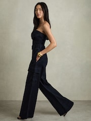 Reiss Navy Lois Strapless Belted Wide Leg Jumpsuit - Image 1 of 7