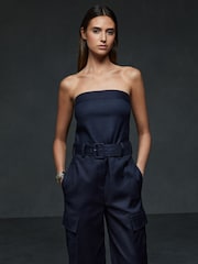 Reiss Navy Lois Strapless Belted Wide Leg Jumpsuit - Image 6 of 7