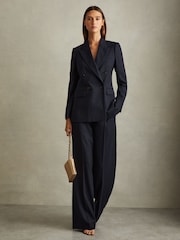 Reiss Navy Hallie Textured Double Breasted Suit Blazer - Image 1 of 5