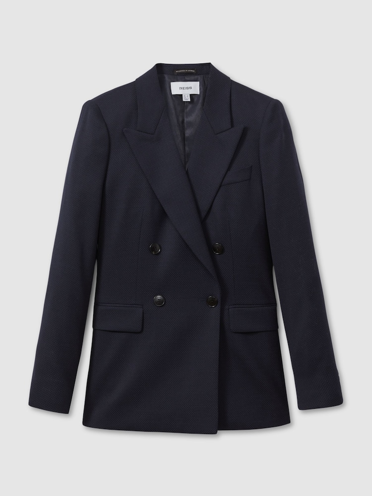 Reiss Navy Hallie Textured Double Breasted Suit Blazer - Image 2 of 5