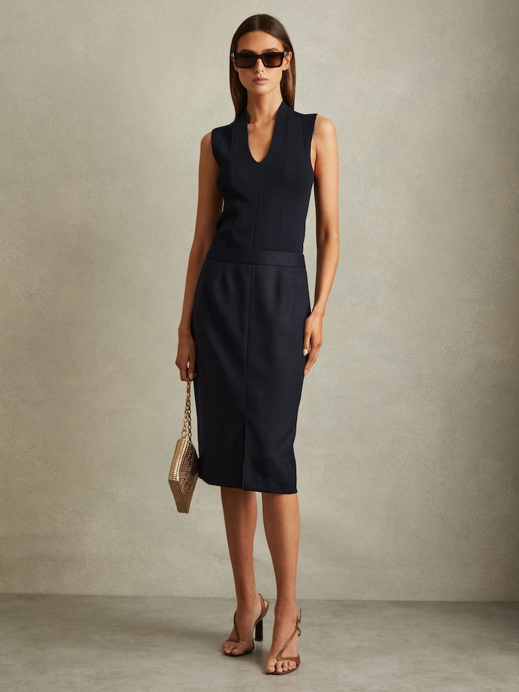 Reiss Navy Hallie Textured Pencil Midi Suit Skirt - Image 1 of 6