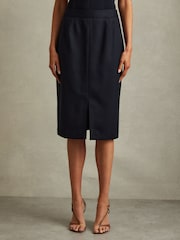 Reiss Navy Hallie Textured Pencil Midi Suit Skirt - Image 3 of 6