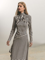 Reiss Brown/Cream Cat Striped Jersey Asymmetric Midi Dress - Image 1 of 6