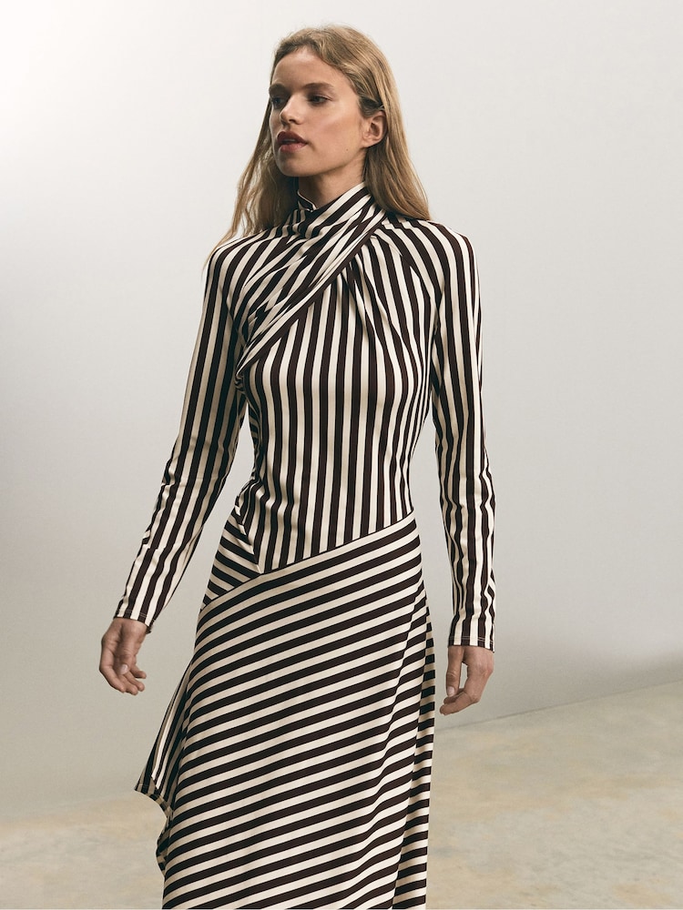 Reiss Brown/Cream Cat Striped Jersey Asymmetric Midi Dress - Image 1 of 6