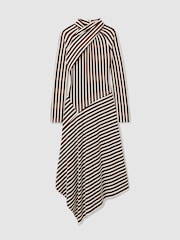 Reiss Brown/Cream Cat Striped Jersey Asymmetric Midi Dress - Image 2 of 6