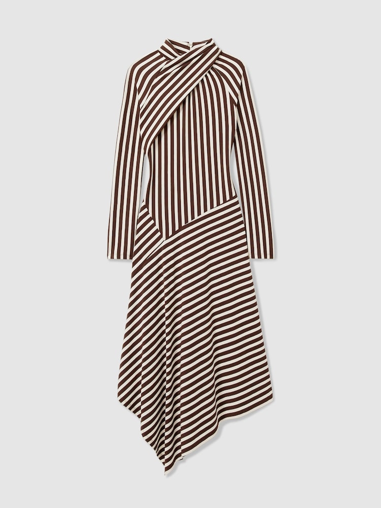 Reiss Brown/Cream Cat Striped Jersey Asymmetric Midi Dress - Image 2 of 6